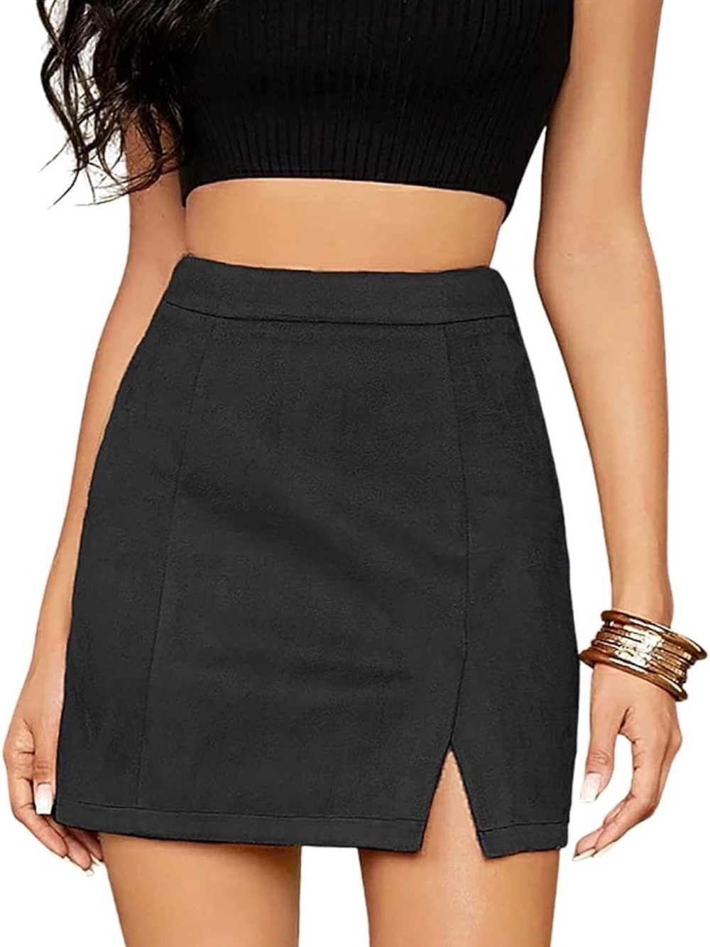 VNDFLAG Black Faux Suede High Waisted Side Split Bodycon Mini Skirt Large